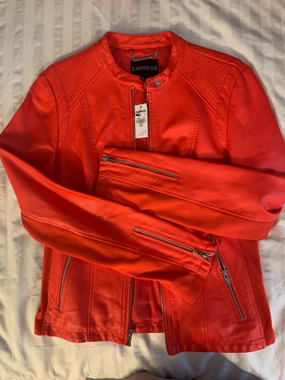 Express Redish/ orange pleather Jacket with Silver Hardware NWT